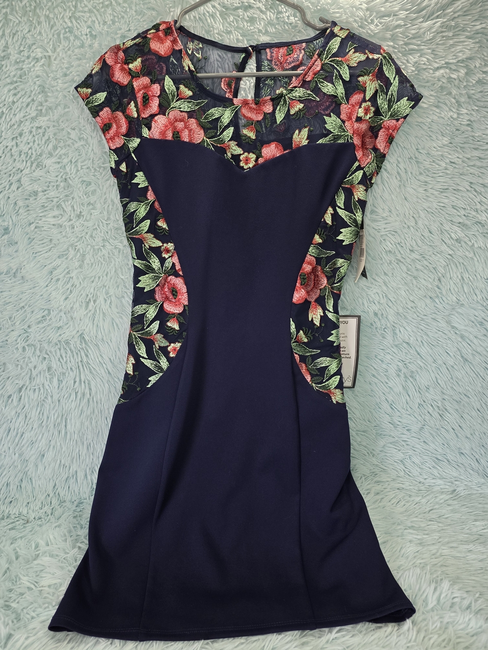 BCX Navy Blue Floral Embroidered Illusion Mini Dress - Size 7